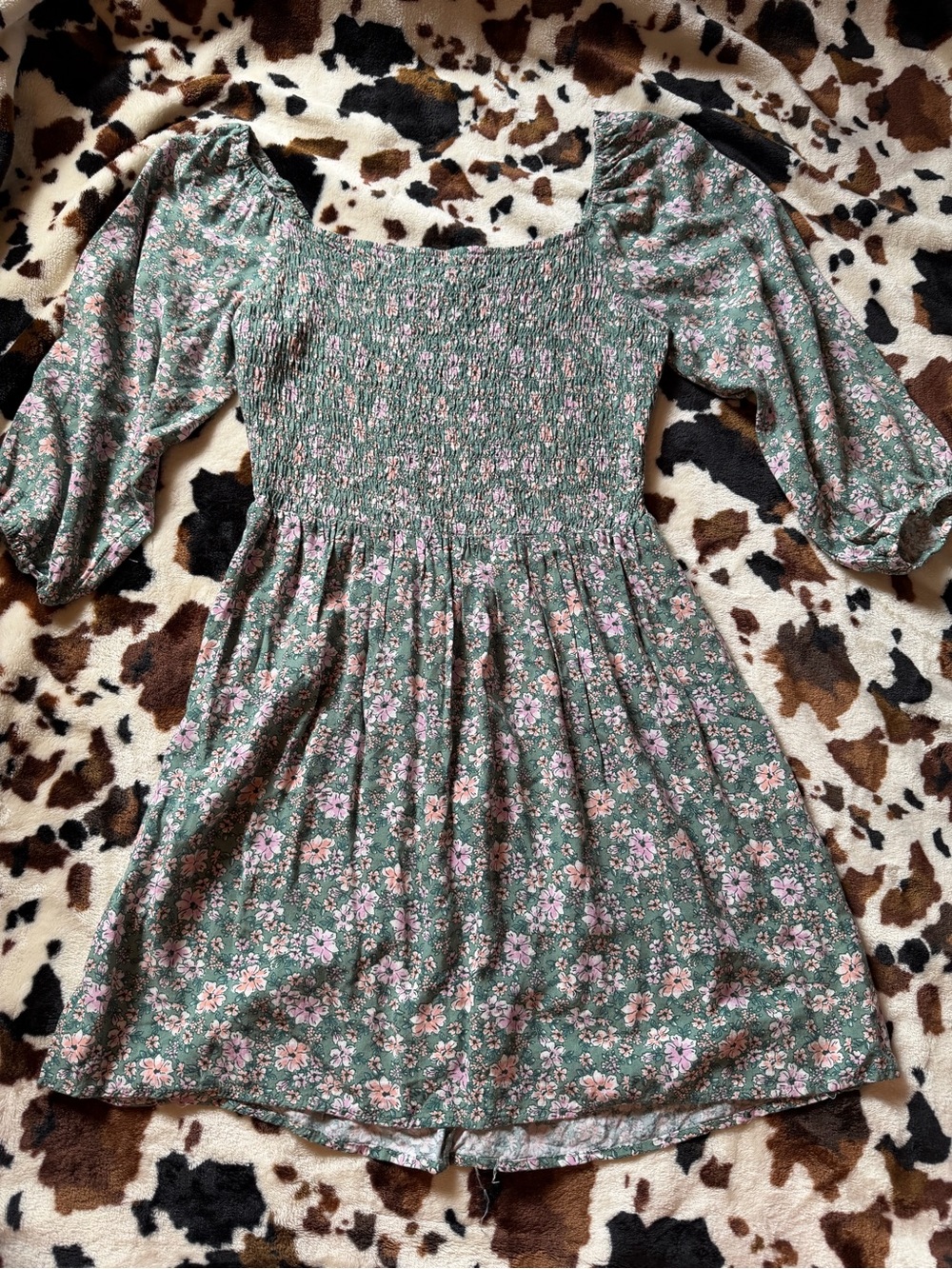AUW Olive Green Floral Smocked Mini Dress with Pink Flowers